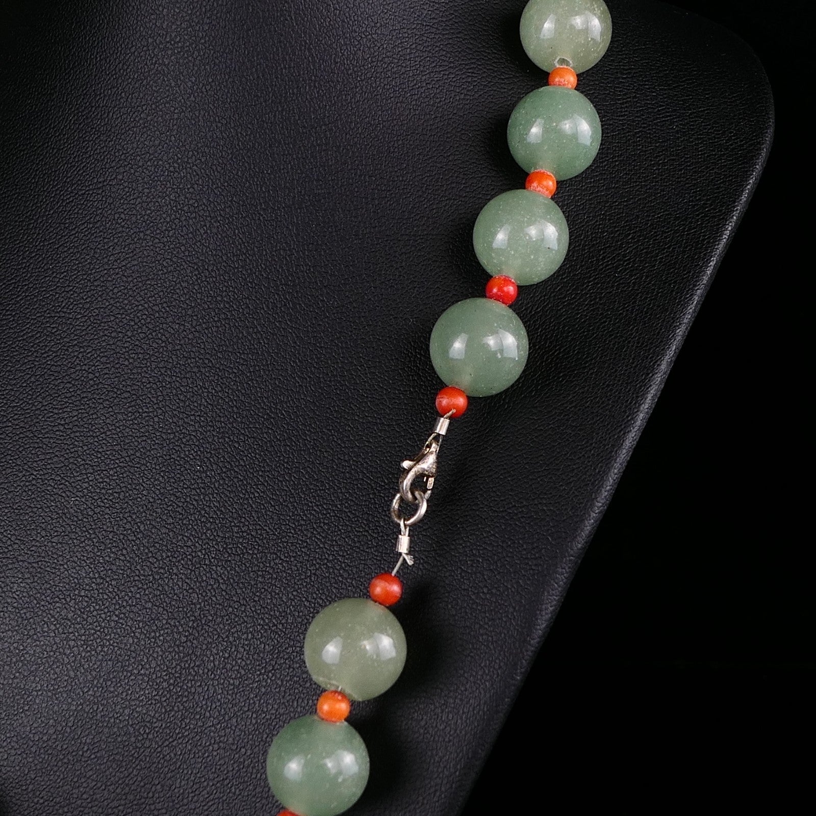 Vintage Ø1,2cm Kugel Edelsteinkette Jade & Koralle 925 Silber Schließe 45cm