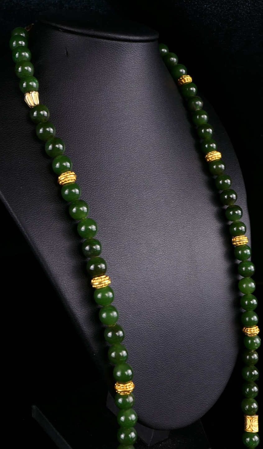 Vintage Ø0,8cm Kugel Edelsteinkette Jade/Nephrit 925 Silber Schließe 65cm