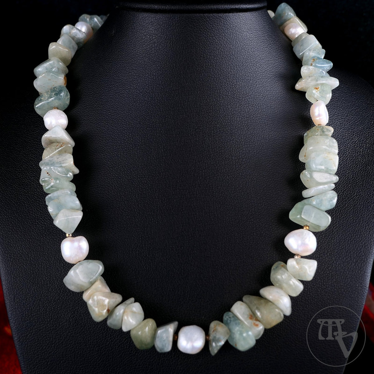 Aquamarin & Perlen Edelsteinkette Halskette mit 925er Silber Schließe 40cm 50,6g