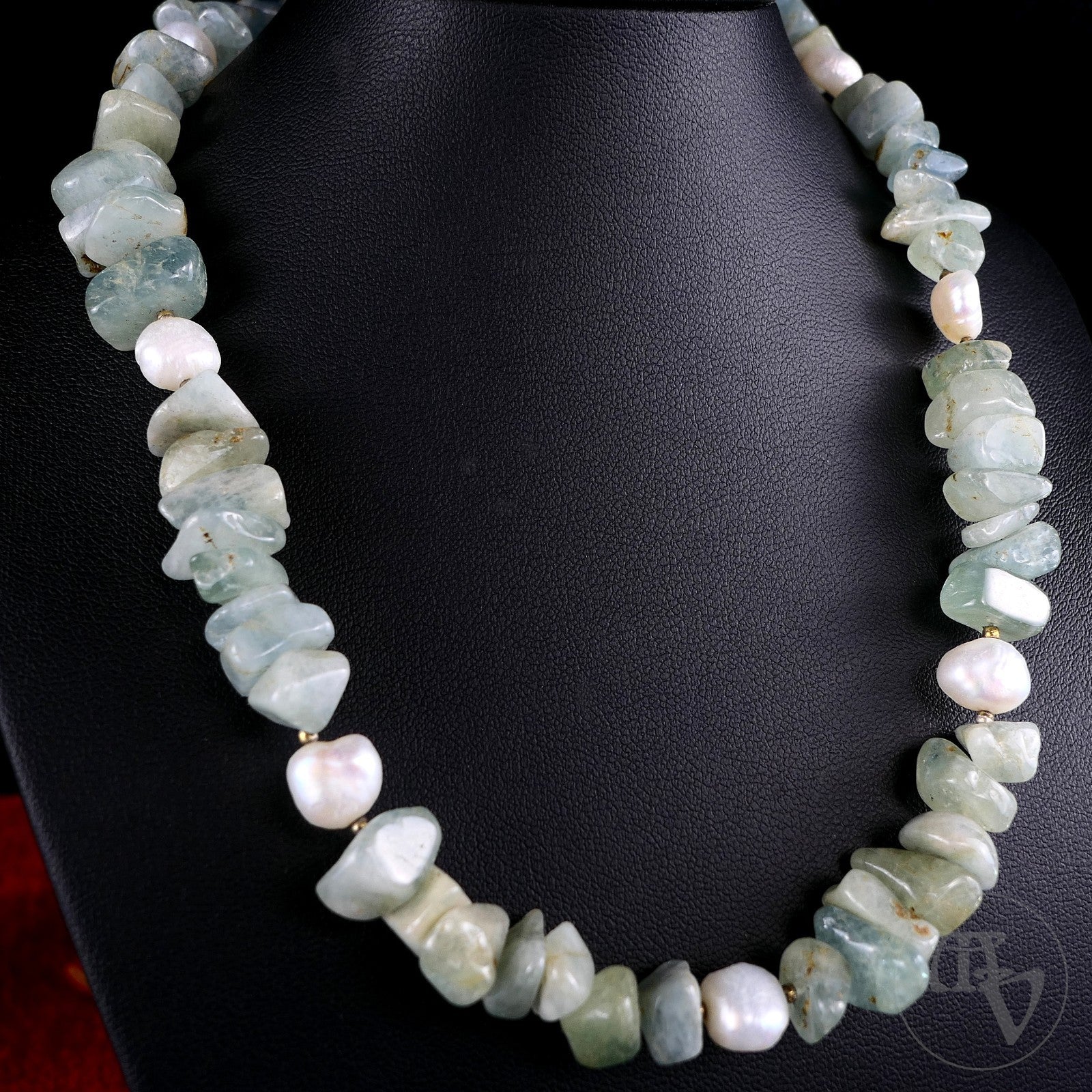 Aquamarin & Perlen Edelsteinkette Halskette mit 925er Silber Schließe 40cm 50,6g