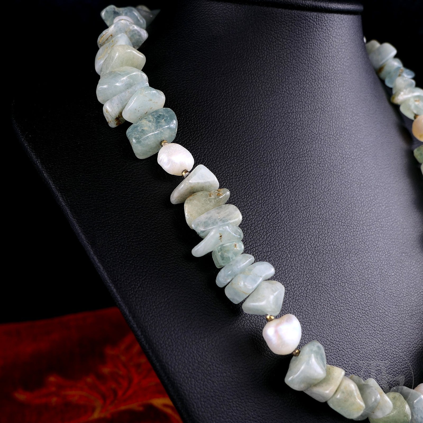 Aquamarin & Perlen Edelsteinkette Halskette mit 925er Silber Schließe 40cm 50,6g