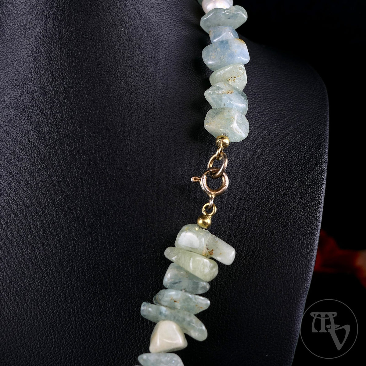 Aquamarin & Perlen Edelsteinkette Halskette mit 925er Silber Schließe 40cm 50,6g