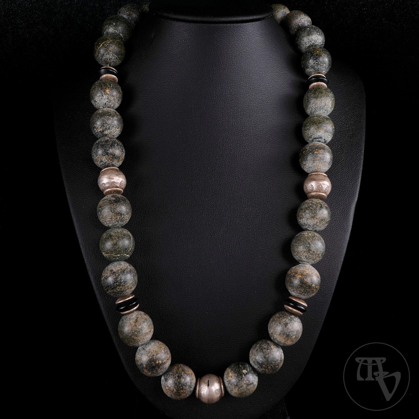 Vintage Studioarbeit Kugel Edelsteinkette Serpentin * 925 Silber Magnetschließe