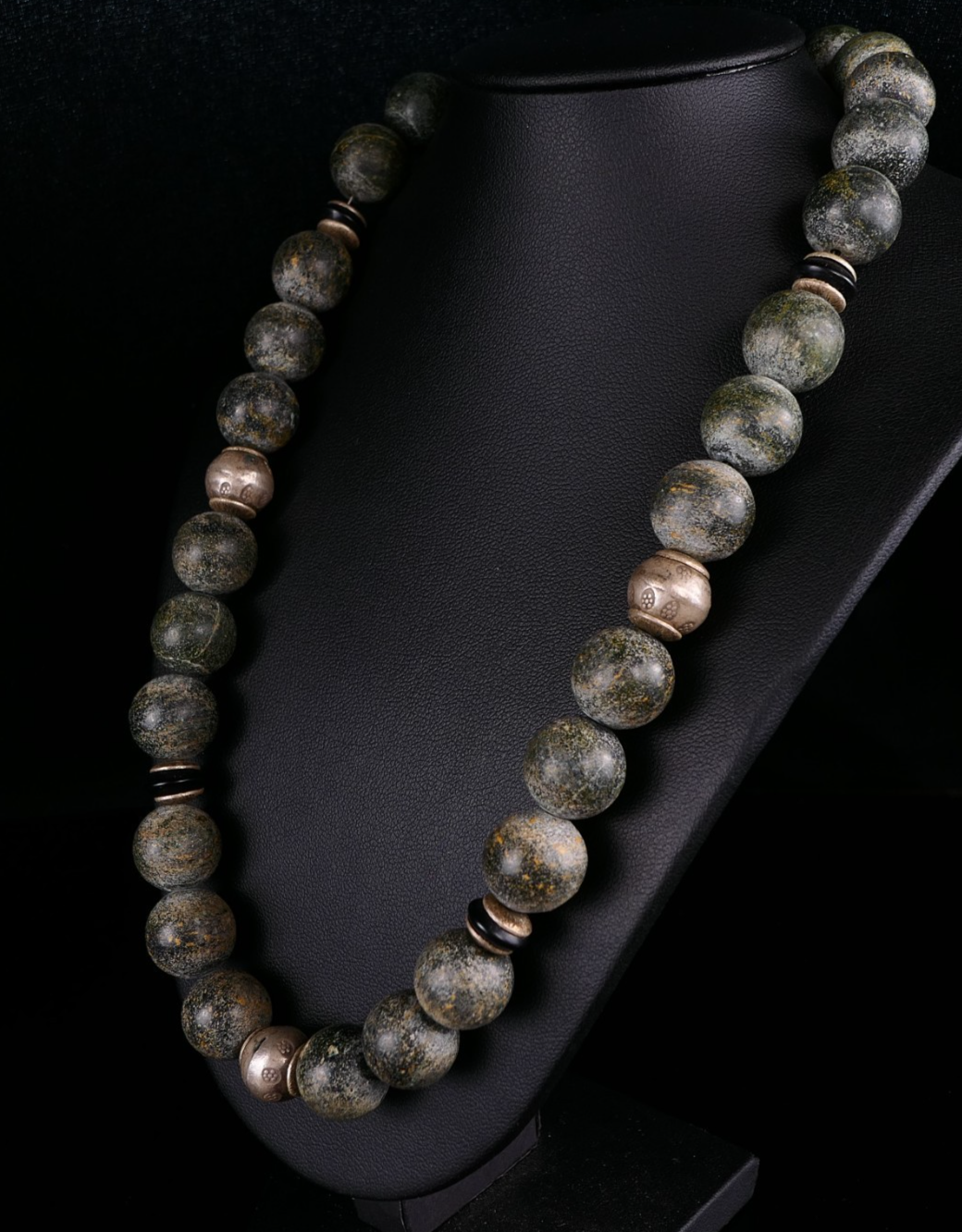 Vintage Studioarbeit Kugel Edelsteinkette Serpentin * 925 Silber Magnetschließe