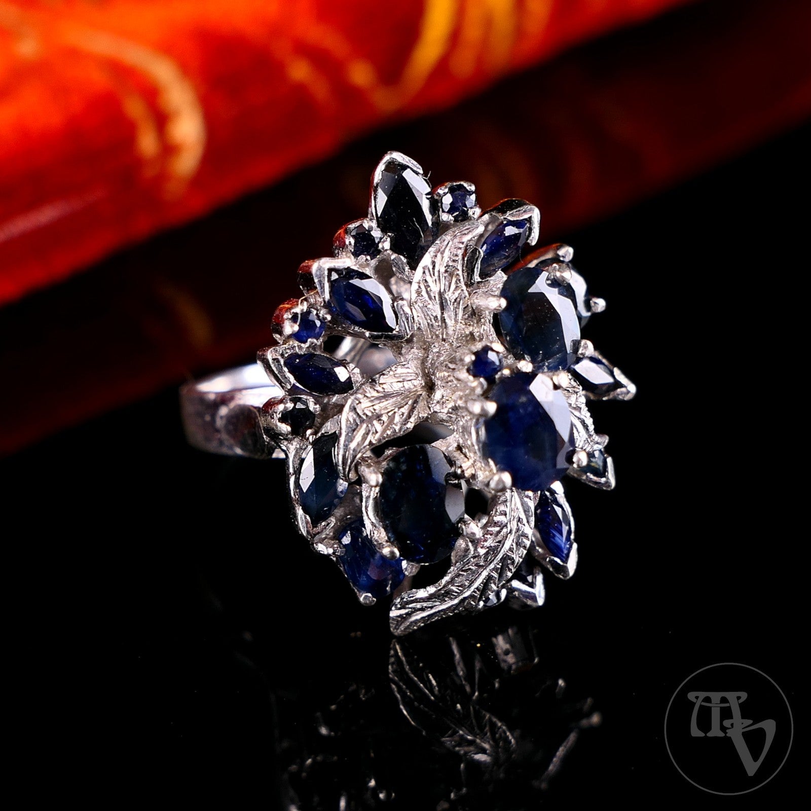 Vintage Cocktailring Silberring mit blauen Saphiren 925er Silber Gr. 58 (18,4mm)
