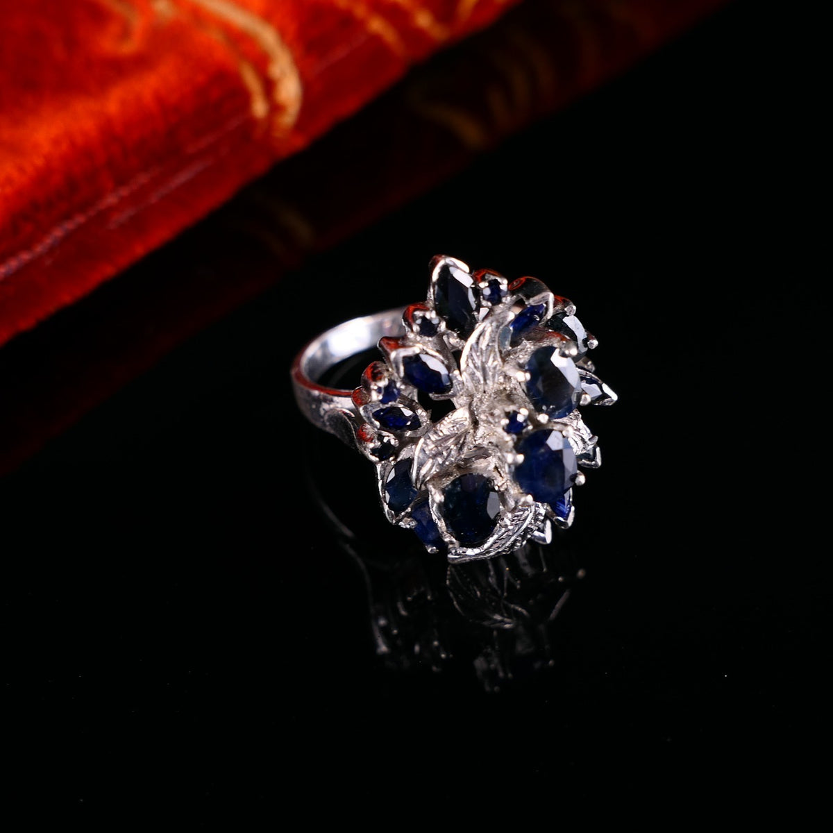 Vintage Cocktailring Silberring mit blauen Saphiren 925er Silber Gr. 58 (18,4mm)