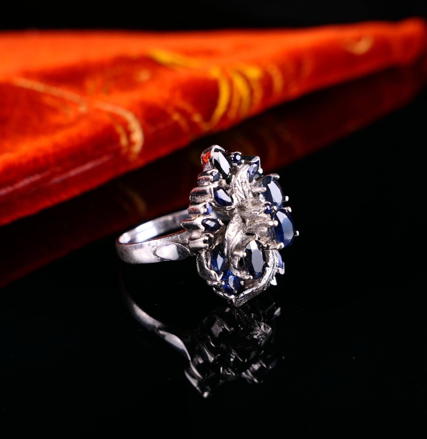 Vintage Cocktailring Silberring mit blauen Saphiren 925er Silber Gr. 58 (18,4mm)