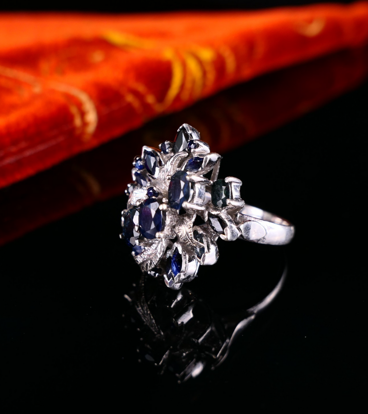 Vintage Cocktailring Silberring mit blauen Saphiren 925er Silber Gr. 58 (18,4mm)