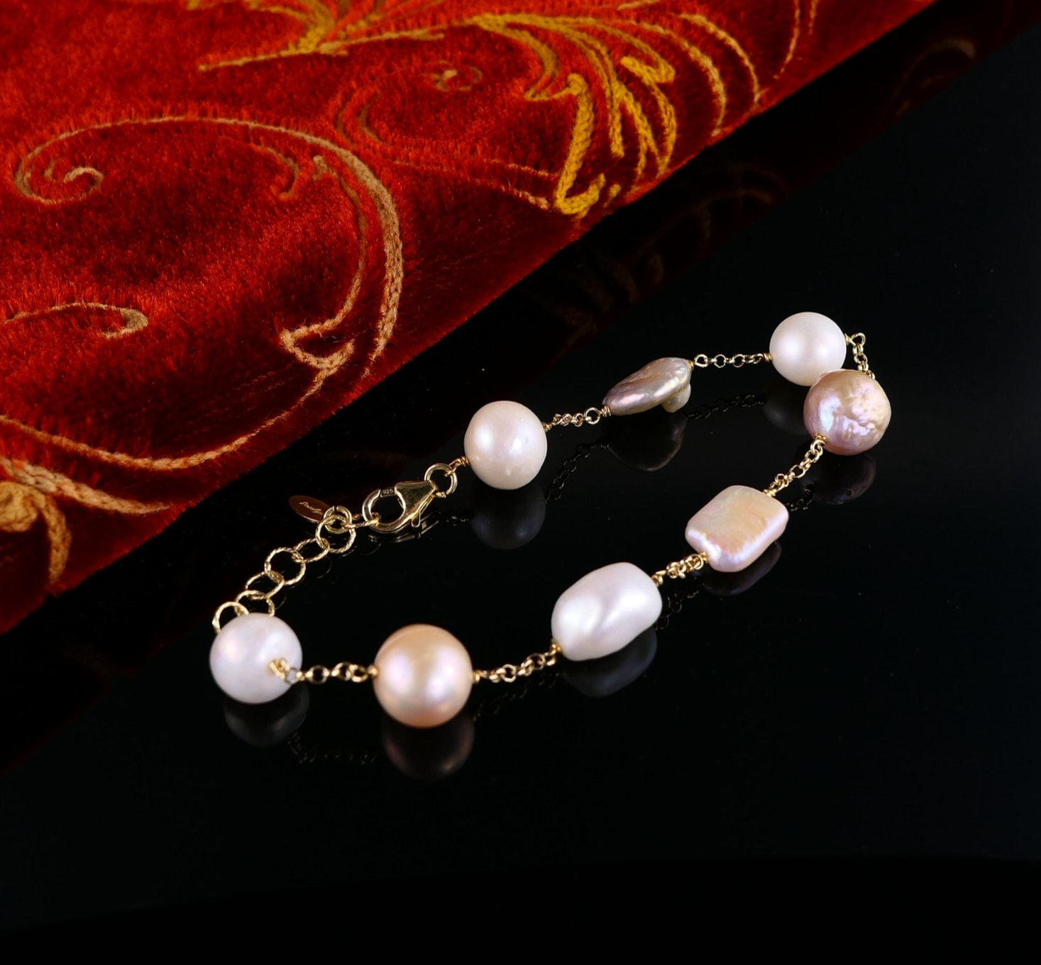 Barock Perlen Armband 925er Silber Vergoldet 20cm/22cm - 13,2g - LineaGem Italy