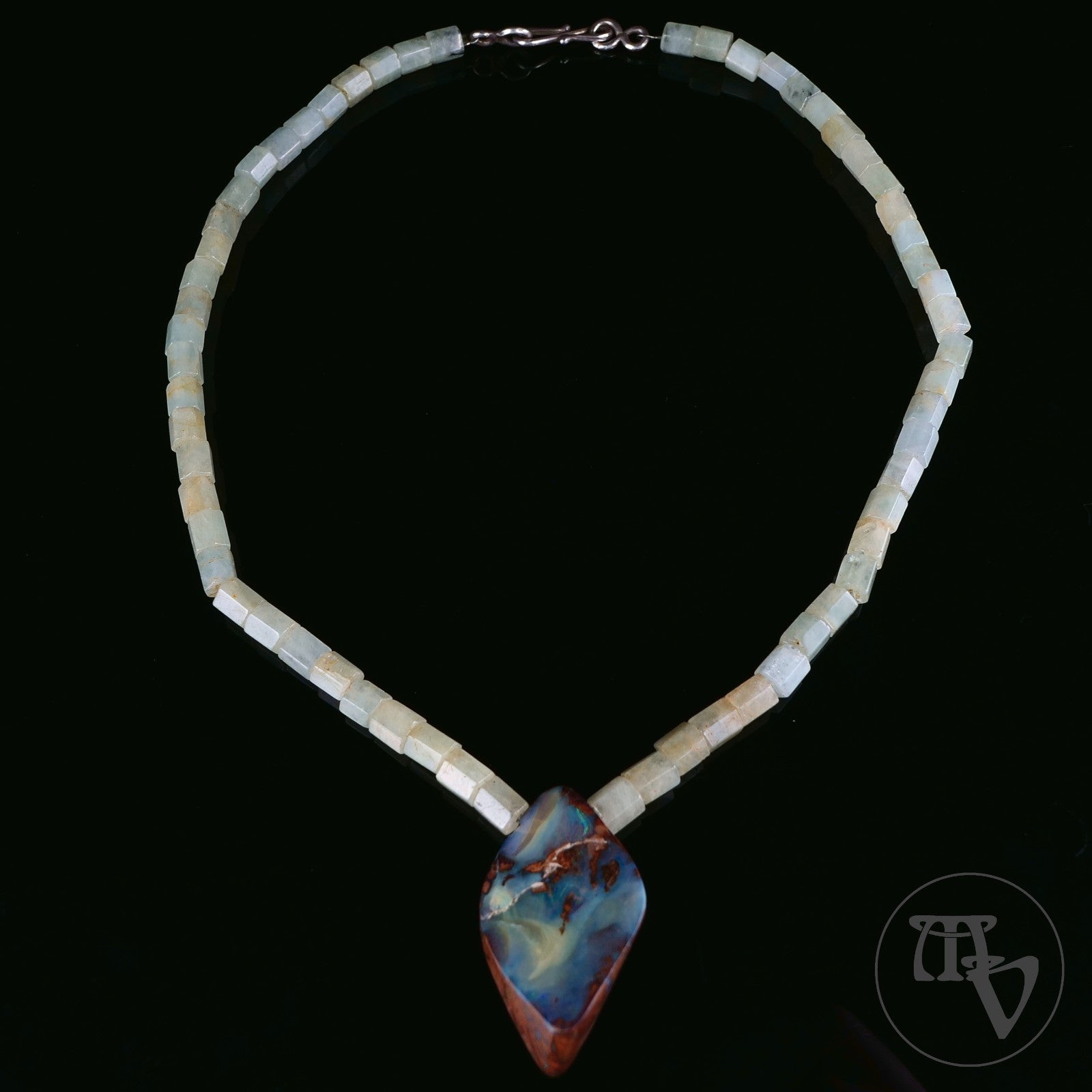 Vintage Boulder Opal & Aquamarin Edelsteinkette 925er Silber Schließe 45cm