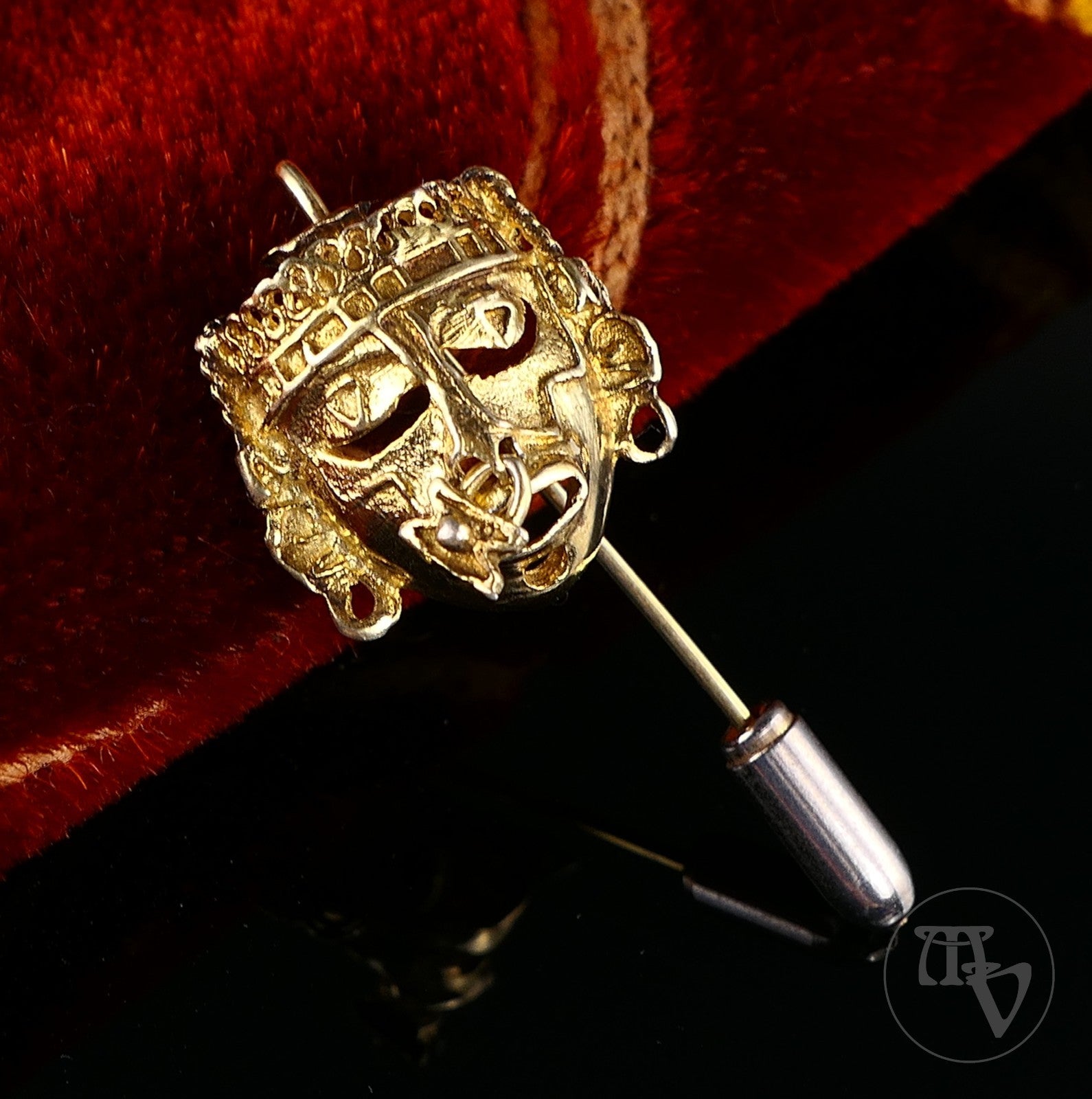 Vintage Originelle 925 Silber Anstecknadel / Reversnadel Maske Vergoldet - 4,1g