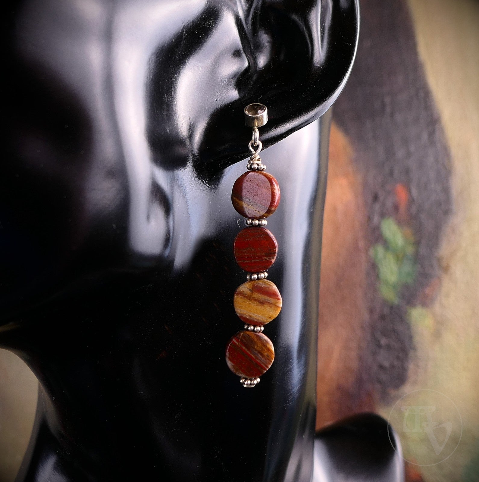 Handarbeit Lange Ohrhänger mit Jaspis - 925 Silber Damen Ohrstecker Vintage Boho
