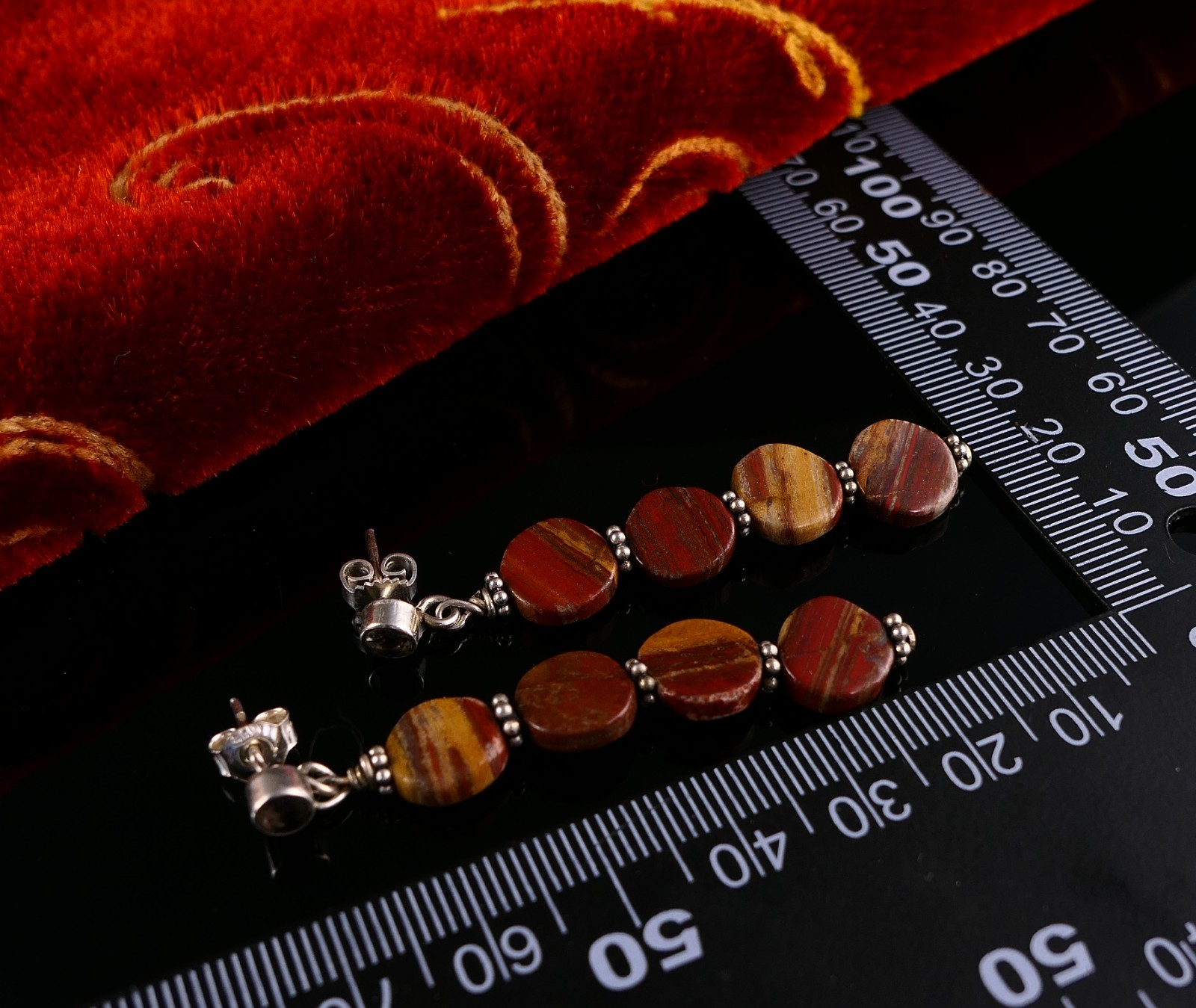 Handarbeit Lange Ohrhänger mit Jaspis - 925 Silber Damen Ohrstecker Vintage Boho