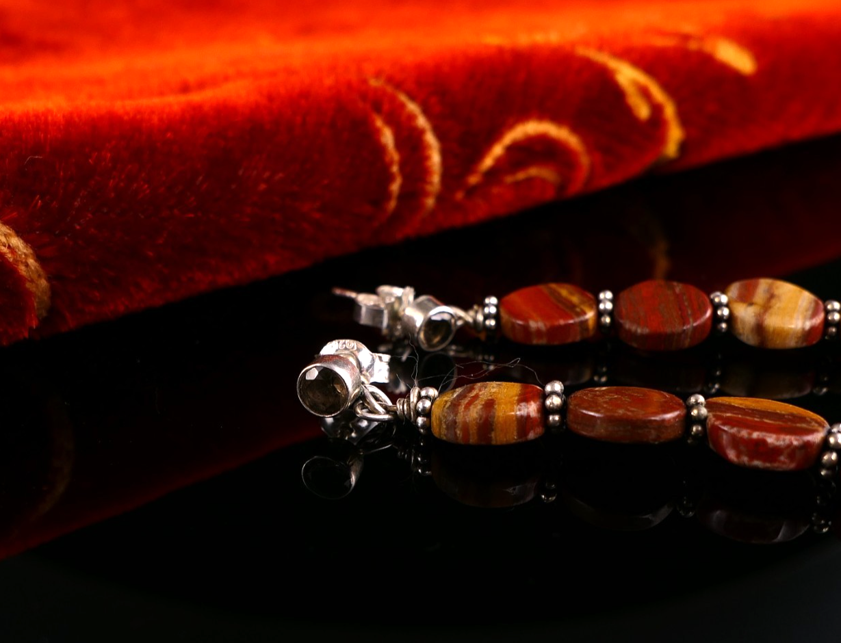 Handarbeit Lange Ohrhänger mit Jaspis - 925 Silber Damen Ohrstecker Vintage Boho