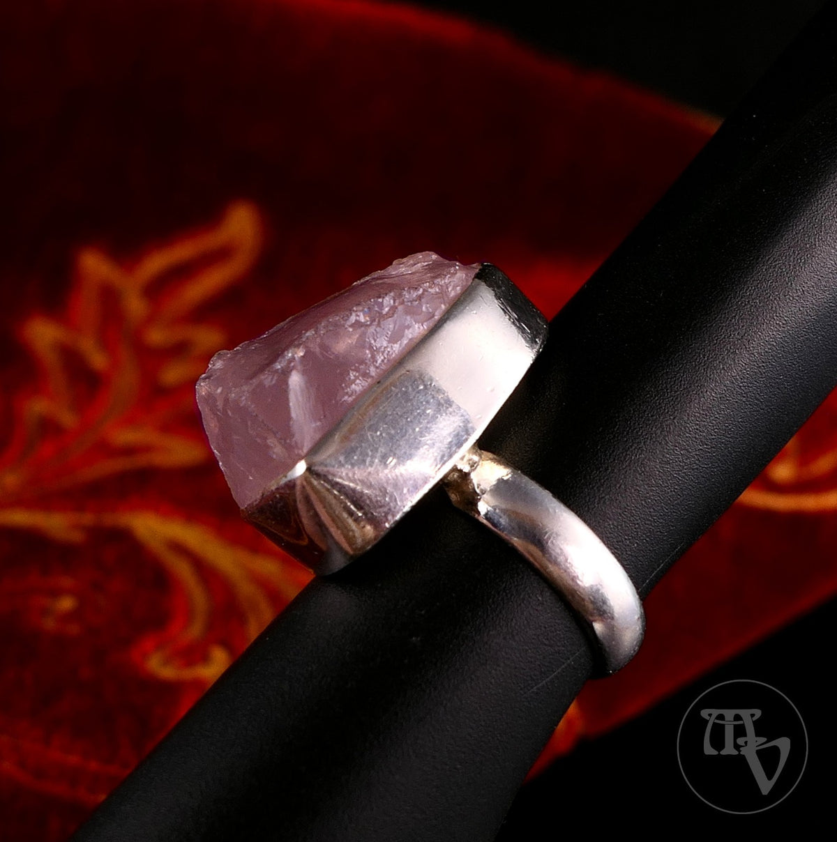 Vintage Damenring 925 Silber Großer Rosenquarz Rohstein Handarbeit Gr.55 17,5mm
