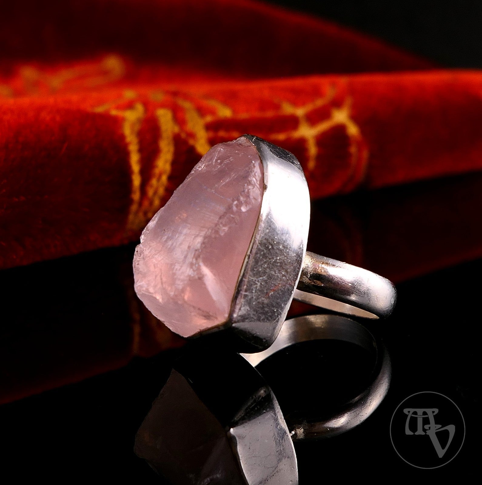 Vintage Damenring 925 Silber Großer Rosenquarz Rohstein Handarbeit Gr.55 17,5mm