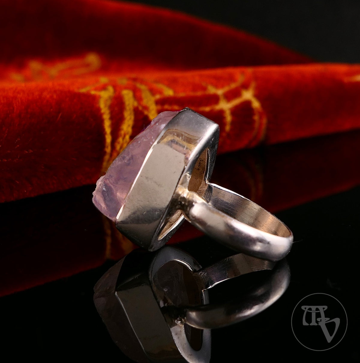 Vintage Damenring 925 Silber Großer Rosenquarz Rohstein Handarbeit Gr.55 17,5mm