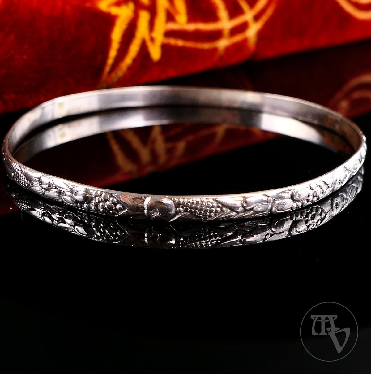 Vintage 835er Silber Armband Armreif -Florales Design Antiker Stil 21,5cm Ø6,8cm