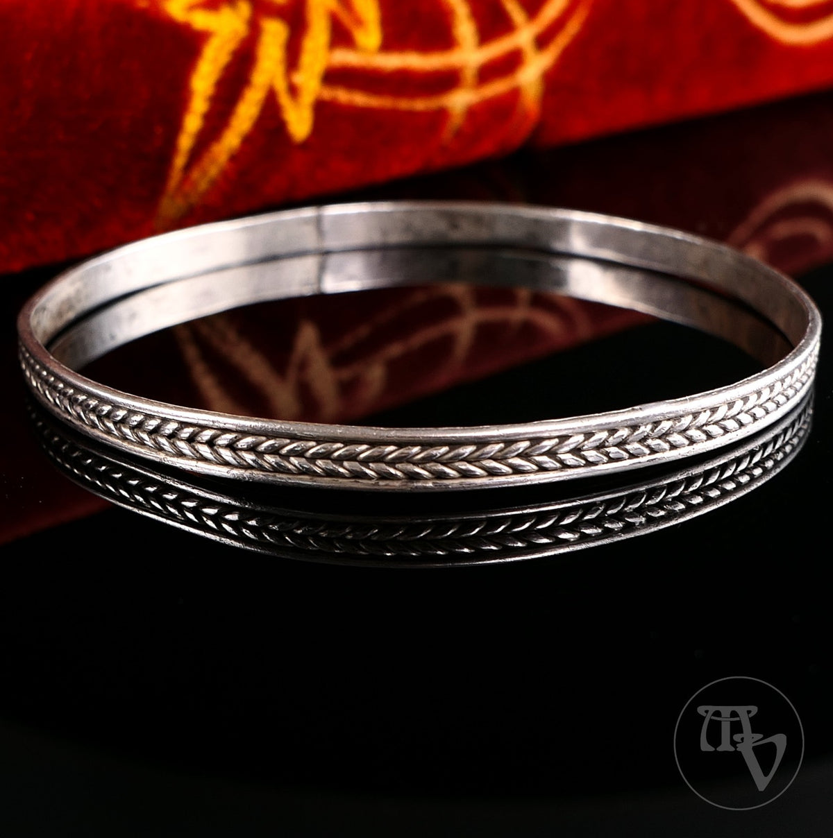 Vintage 925er Silber Armband Armreif - Ähren Dekor Antiker Stil 20,5cm Ø6,5cm