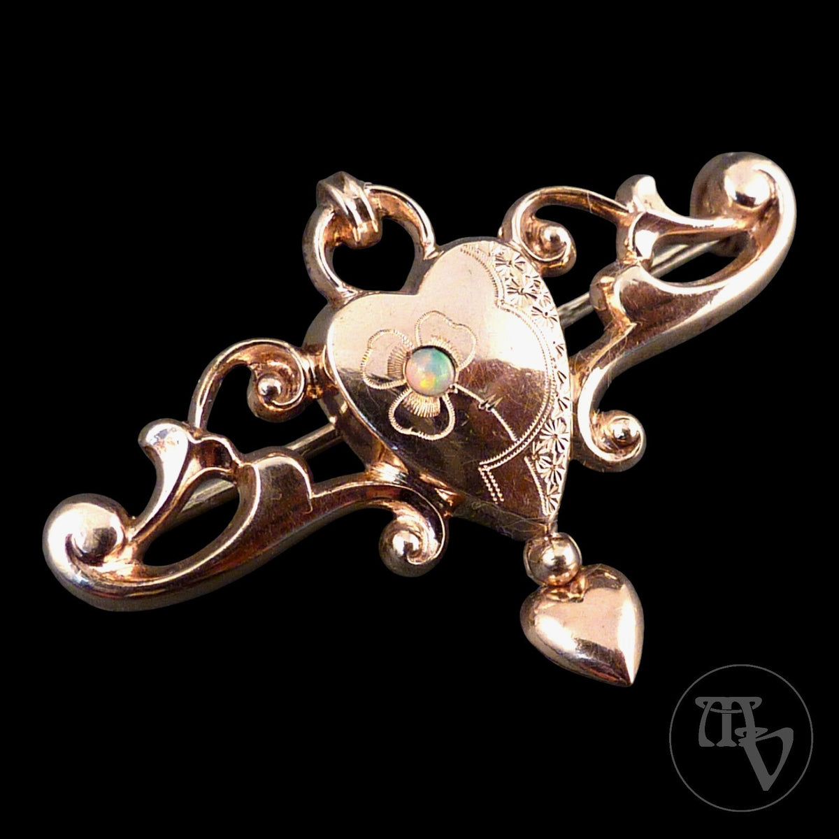 Antike Brosche - Jugendstil um 1900 - Herz Brosche Anstecknadel mit Opal aus Gold-Doublé / Vergoldet