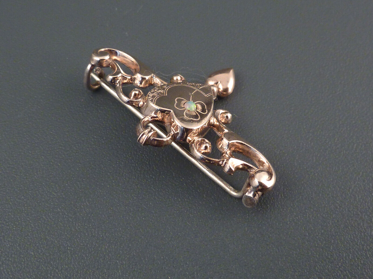 Antike Brosche - Jugendstil um 1900 - Herz Brosche Anstecknadel mit Opal aus Gold-Doublé / Vergoldet