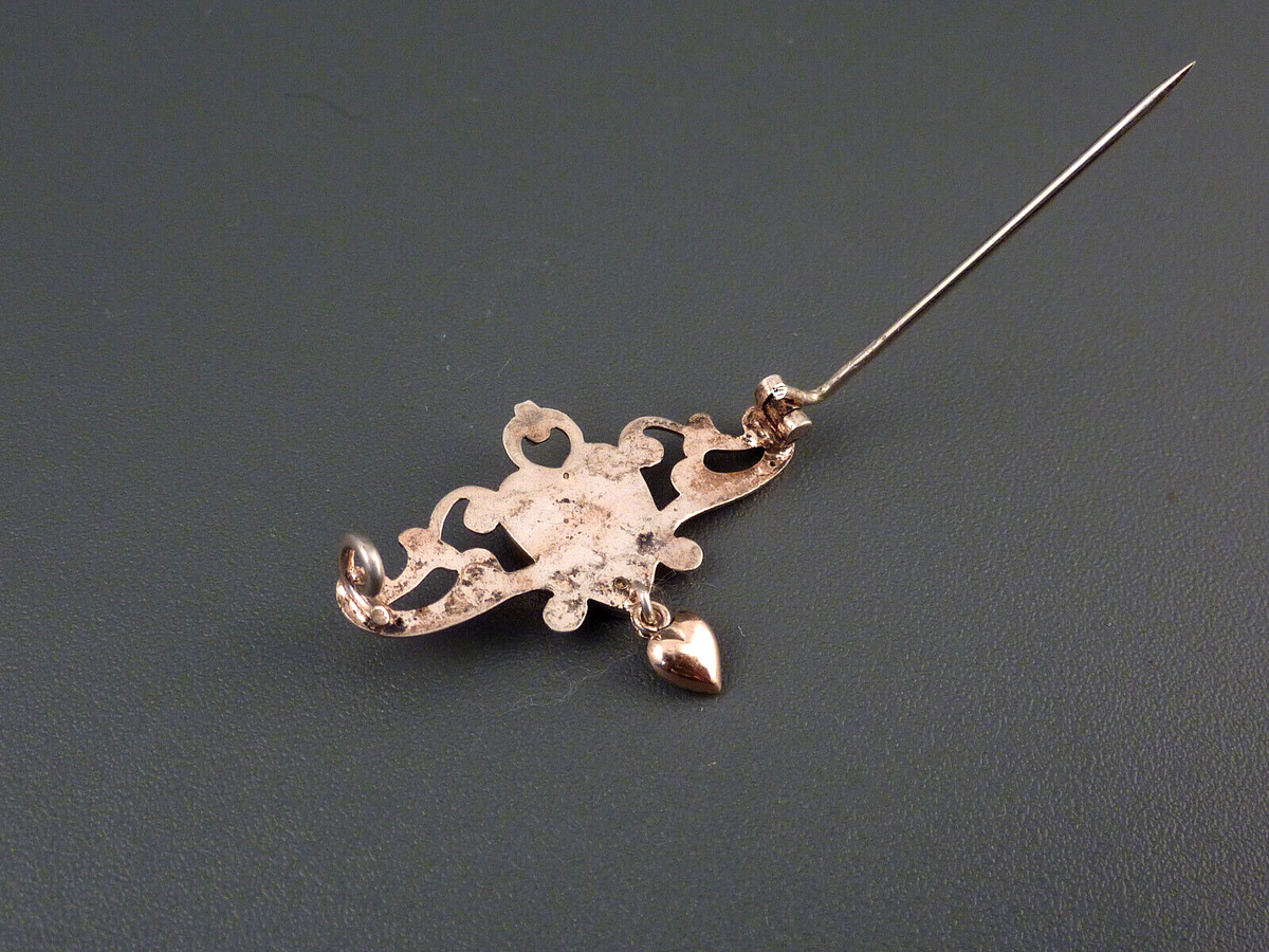 Antike Brosche - Jugendstil um 1900 - Herz Brosche Anstecknadel mit Opal aus Gold-Doublé / Vergoldet