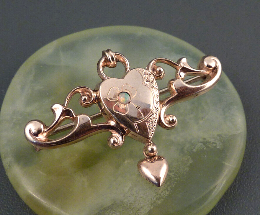Antike Brosche - Jugendstil um 1900 - Herz Brosche Anstecknadel mit Opal aus Gold-Doublé / Vergoldet