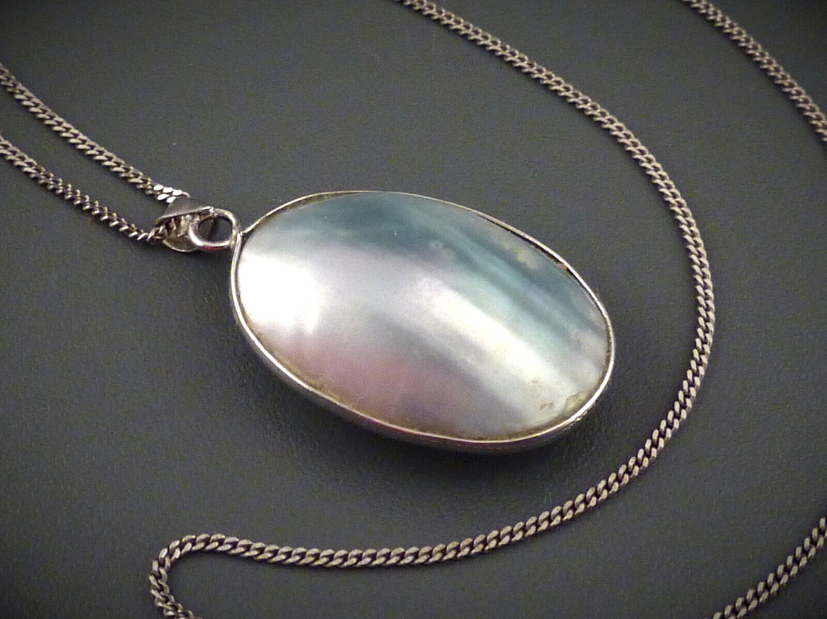 Handarbeits Anhänger Perlmutt Muschel 925 Silber L3,8cm + 835 Silber Panzerkette