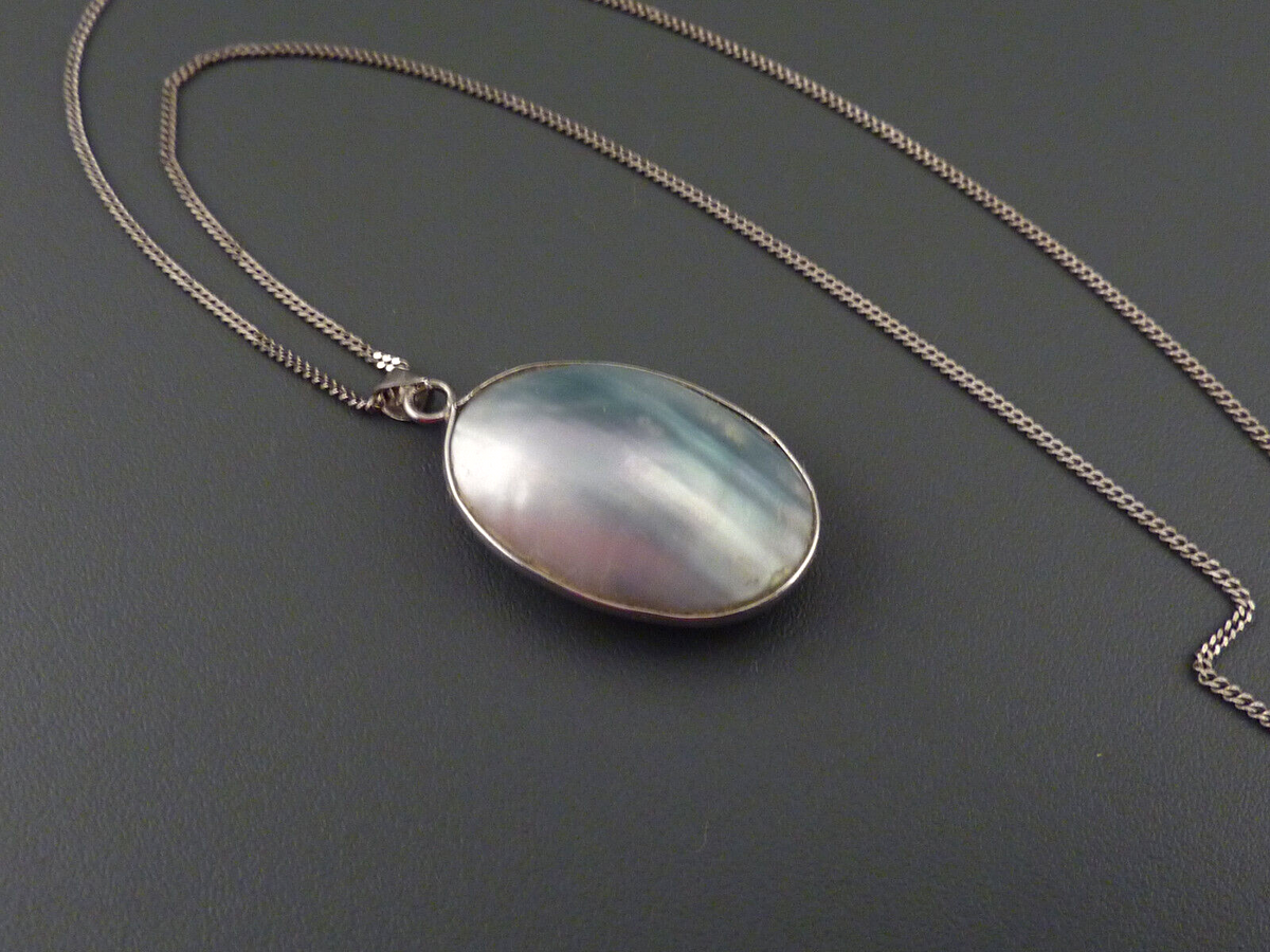 Handarbeits Anhänger Perlmutt Muschel 925 Silber L3,8cm + 835 Silber Panzerkette