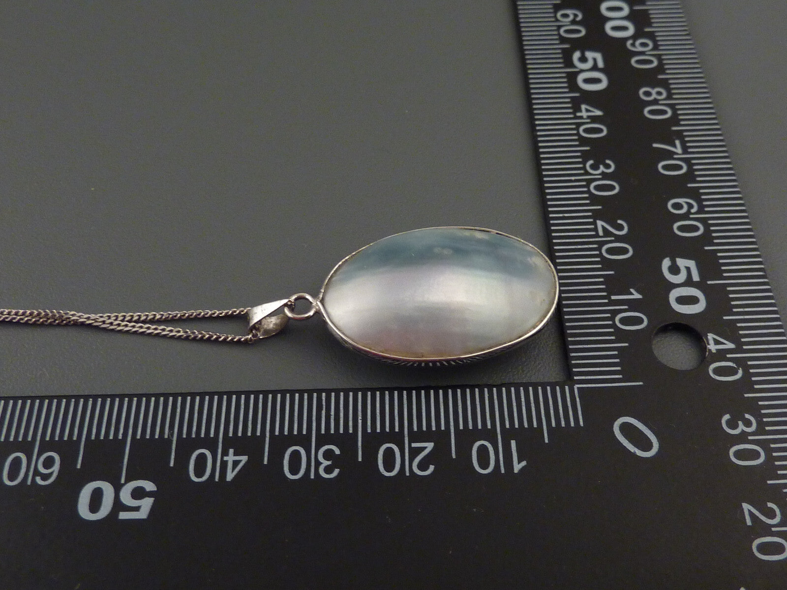 Handarbeits Anhänger Perlmutt Muschel 925 Silber L3,8cm + 835 Silber Panzerkette