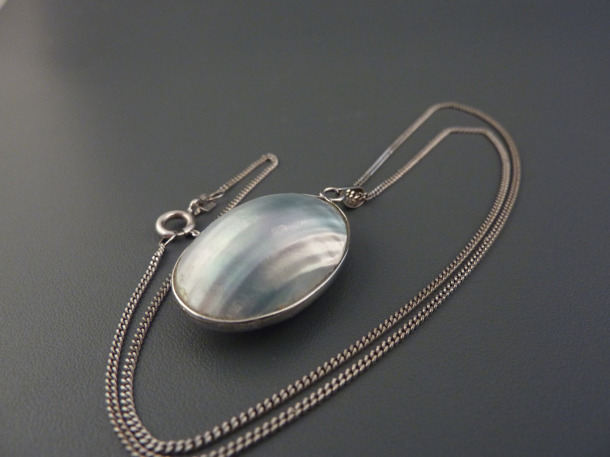 Handarbeits Anhänger Perlmutt Muschel 925 Silber L3,8cm + 835 Silber Panzerkette