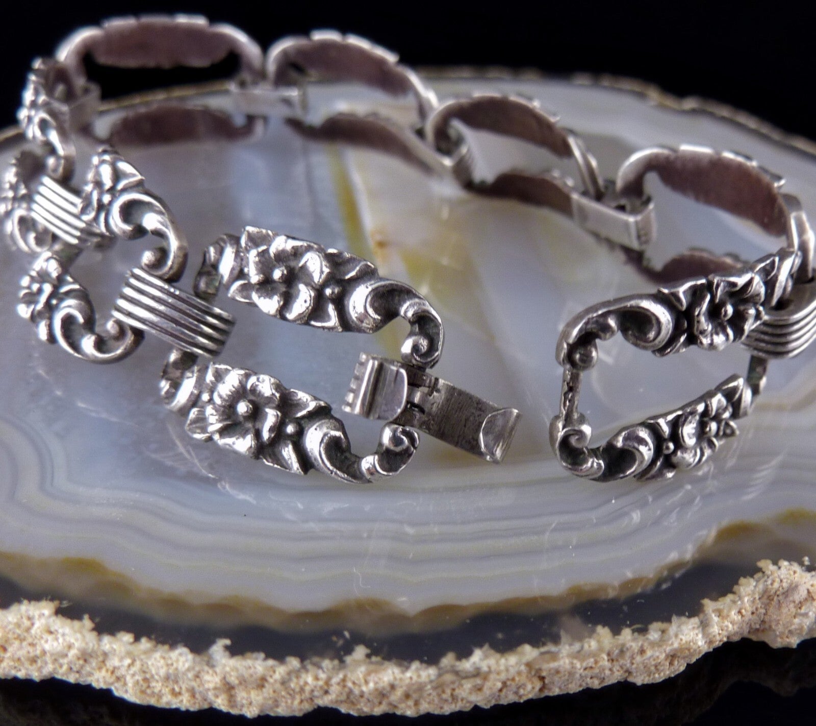 Antikes 835 Silber Glieder Armband Silberarmband Blumen florales Muster - 18cm