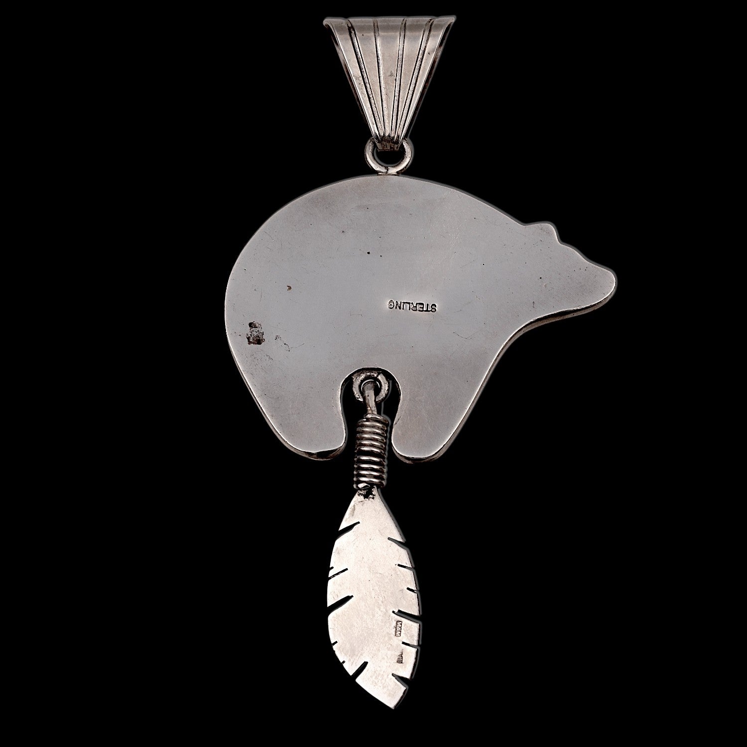 XXL Navajo Bär Anhänger - Indianerschmuck signiert MAM Türkis Bär mit Feder Anhänger 925 Sterling Silber Vintage