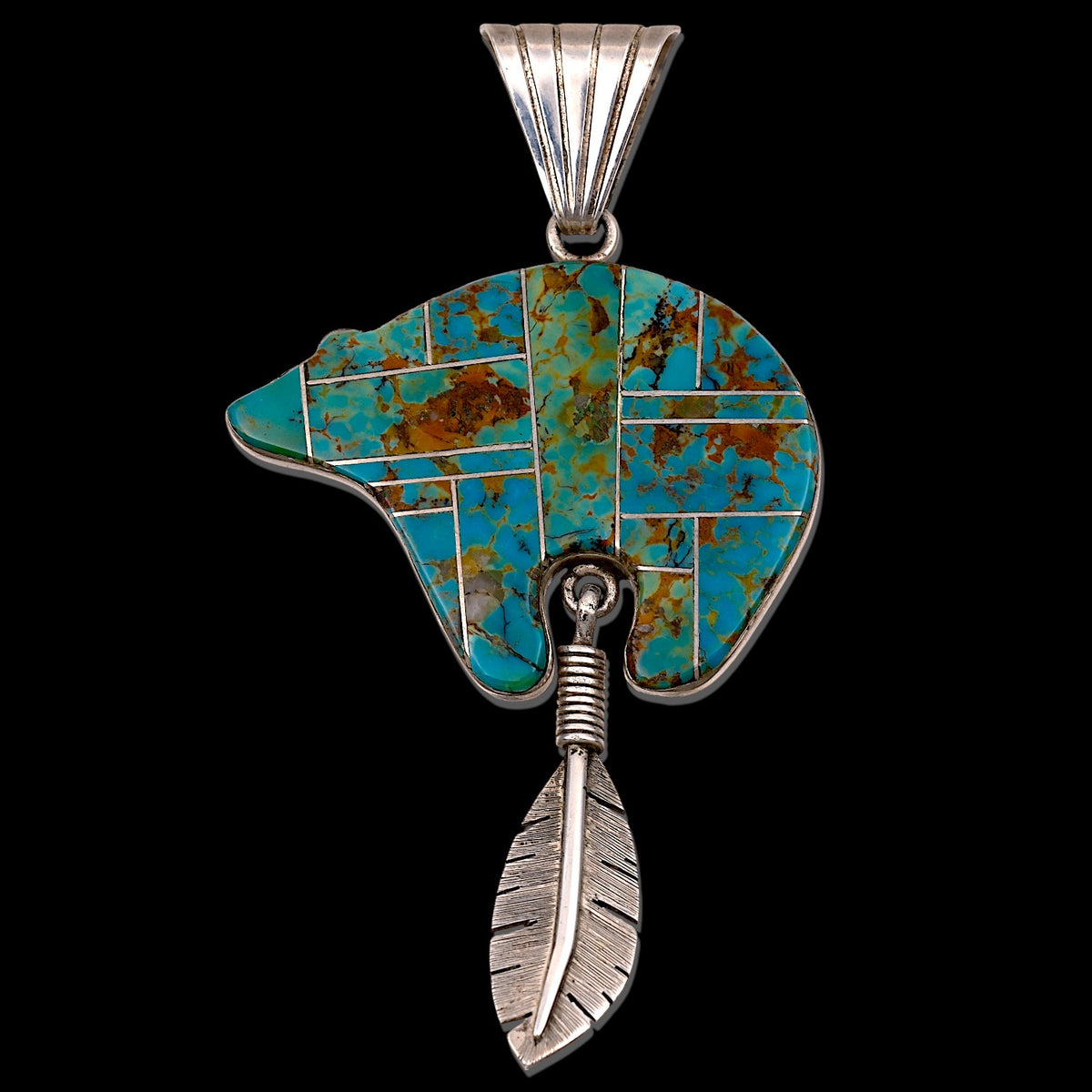 XXL Navajo Bär Anhänger - Indianerschmuck signiert MAM Türkis Bär mit Feder Anhänger 925 Sterling Silber Vintage