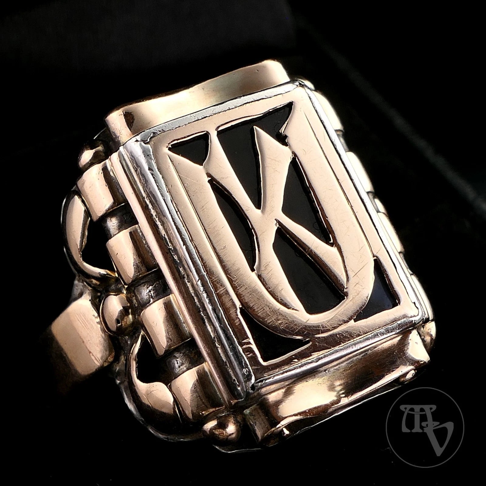 Antiker Monogrammring Siegelring Initialen KU/ UK Silberring 800 Silber & min. 333 Gold RG  66 (21,0 mm Ø) Vintage Alt