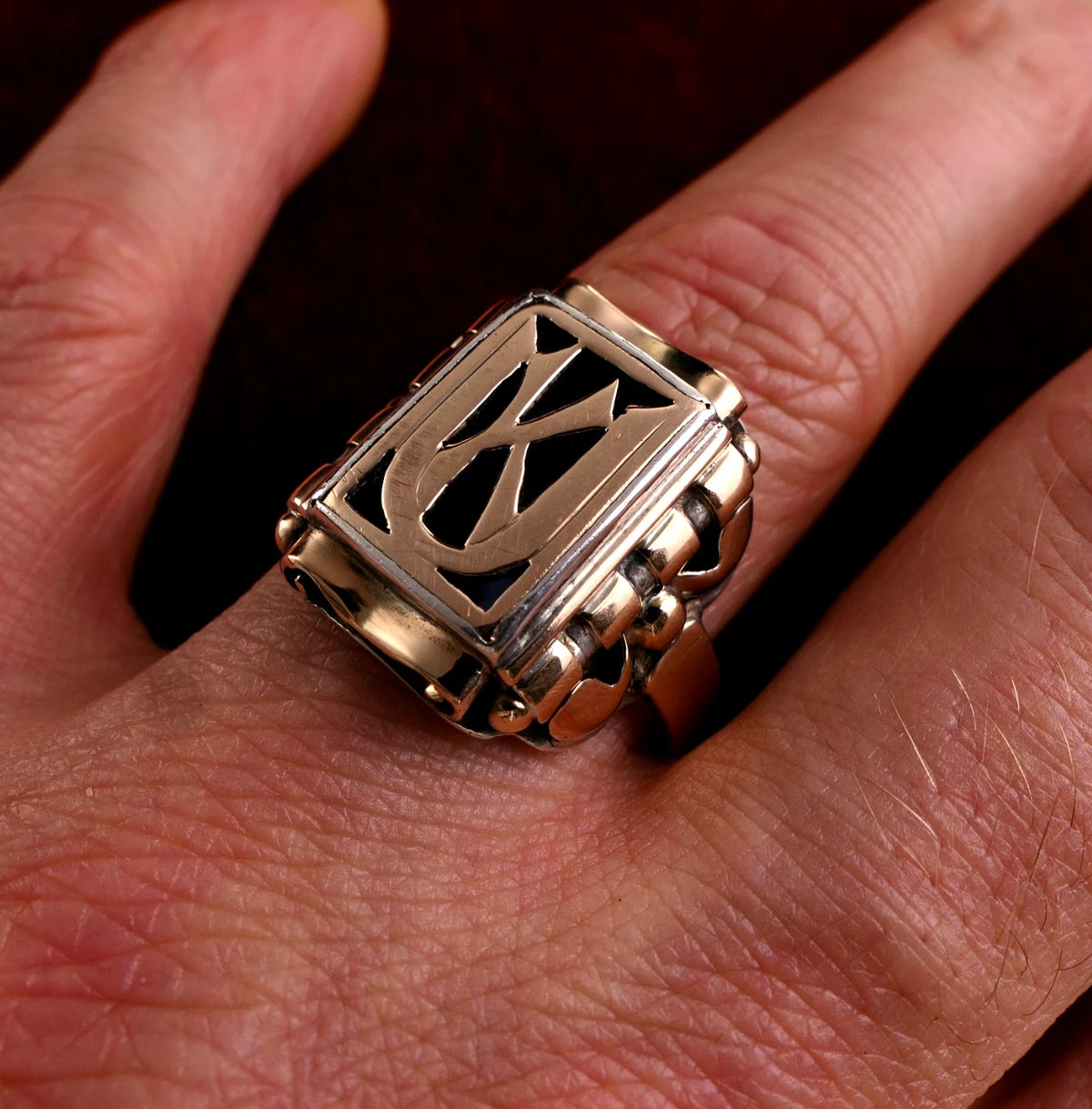 Antiker Monogrammring Siegelring Initialen KU/ UK Silberring 800 Silber & min. 333 Gold RG  66 (21,0 mm Ø) Vintage Alt