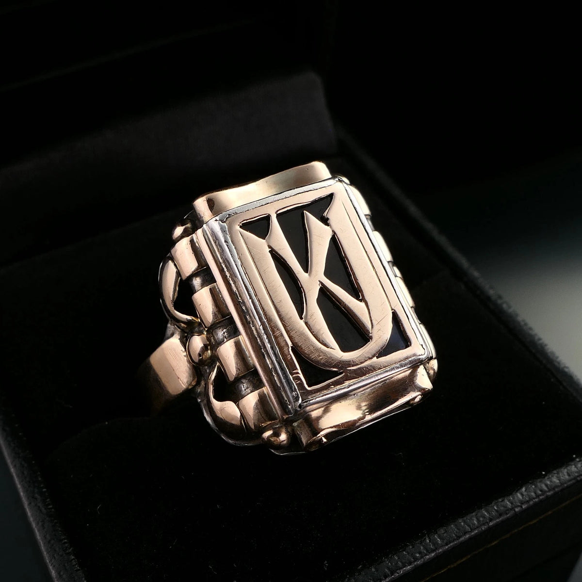 Antiker Monogrammring Siegelring Initialen KU/ UK Silberring 800 Silber & min. 333 Gold RG  66 (21,0 mm Ø) Vintage Alt