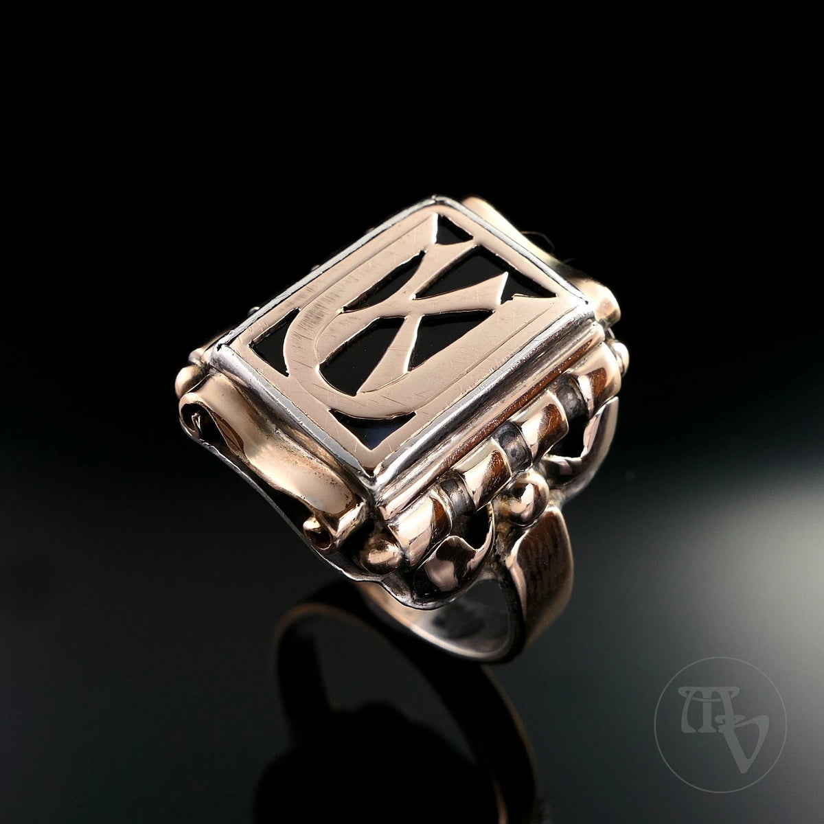 Antiker Monogrammring Siegelring Initialen KU/ UK Silberring 800 Silber & min. 333 Gold RG  66 (21,0 mm Ø) Vintage Alt