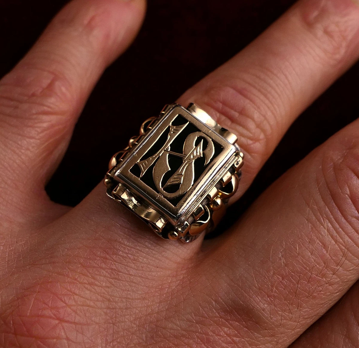 Antiker Monogrammring Siegelring Initialen HS/ SH Silberring min. 800 Silber & min. 333 Gold RG 63 (20,0 mm Ø) Vintage Alt