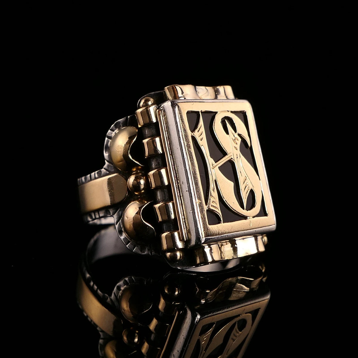 Antiker Monogrammring Siegelring Initialen HS/ SH Silberring min. 800 Silber & min. 333 Gold RG 63 (20,0 mm Ø) Vintage Alt