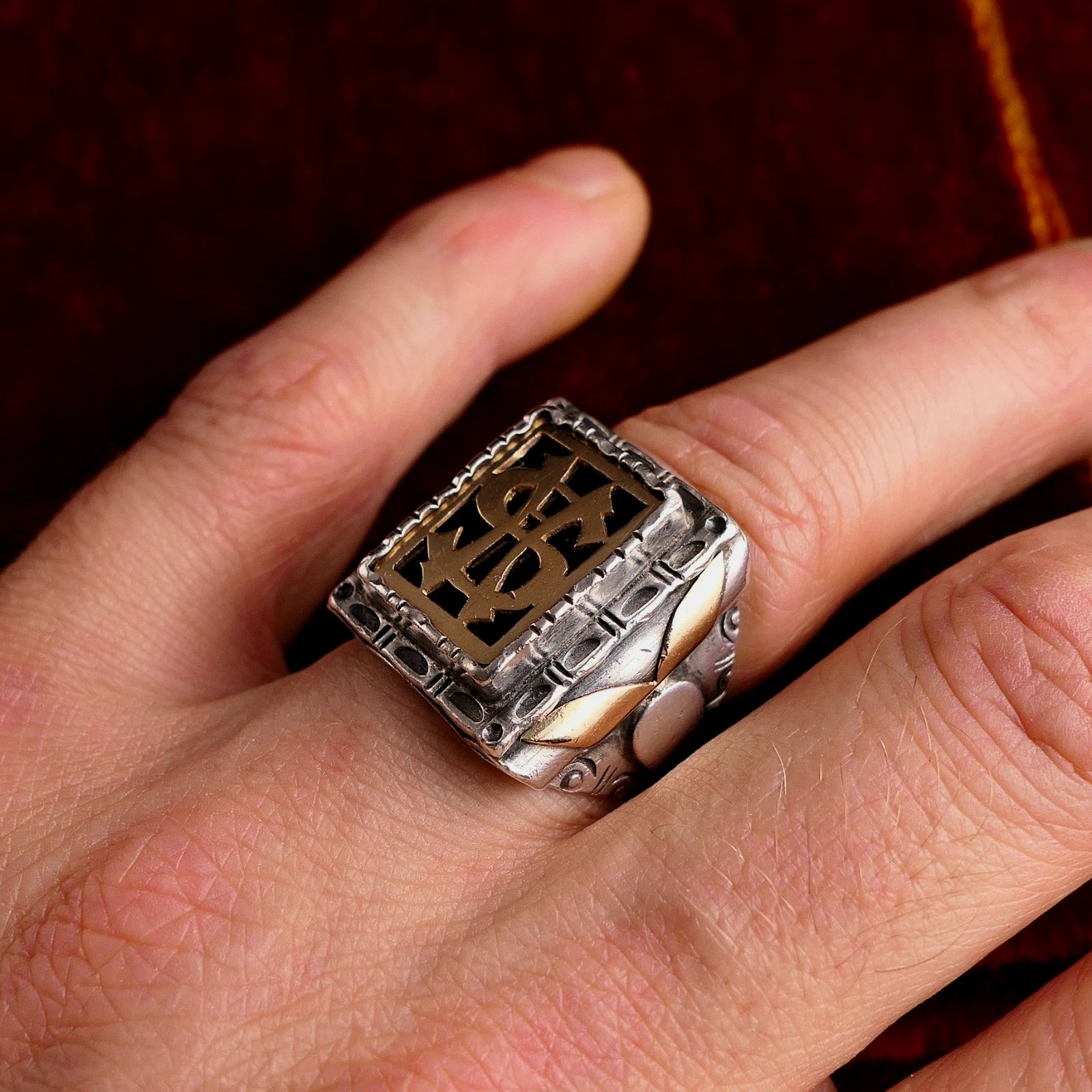 Antiker Monogrammring Siegelring Initialen HS/ SH Silberring min. 800 Silber & min. 333 Gold RG 60 (19,1 mm Ø) Vintage Alt