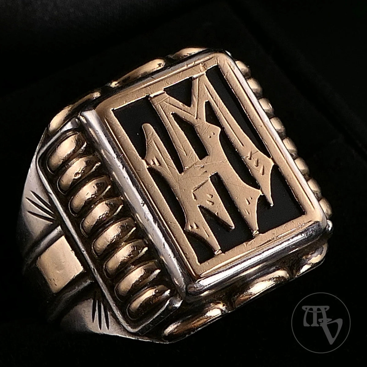 Antiker Monogrammring Siegelring Initialen HM / WH Silberring 900 Silber & 333 Gold RG 66 (21,0mm Ø) Vintage Alt