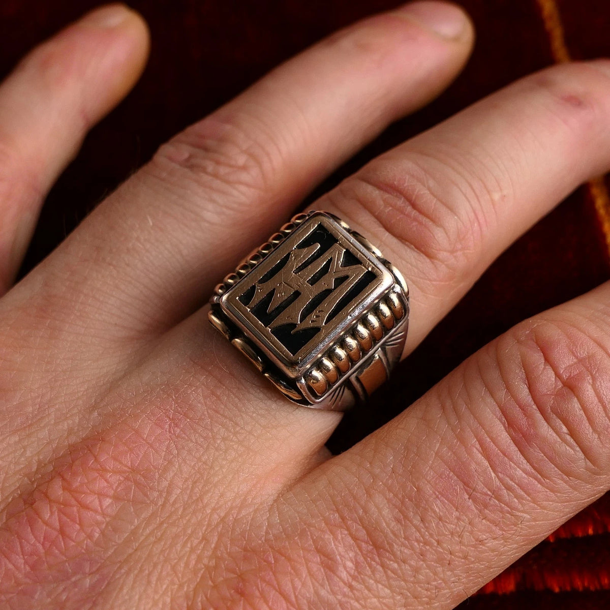 Antiker Monogrammring Siegelring Initialen HM / WH Silberring 900 Silber & 333 Gold RG 66 (21,0mm Ø) Vintage Alt