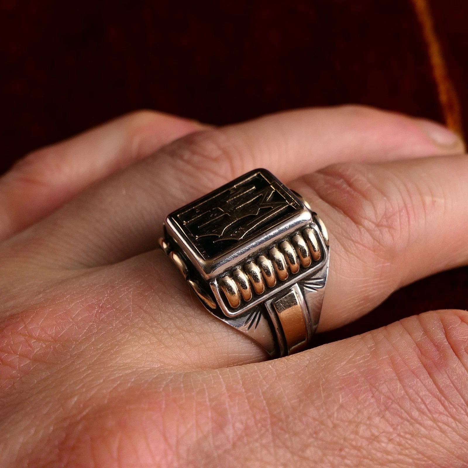 Antiker Monogrammring Siegelring Initialen HM / WH Silberring 900 Silber & 333 Gold RG 66 (21,0mm Ø) Vintage Alt