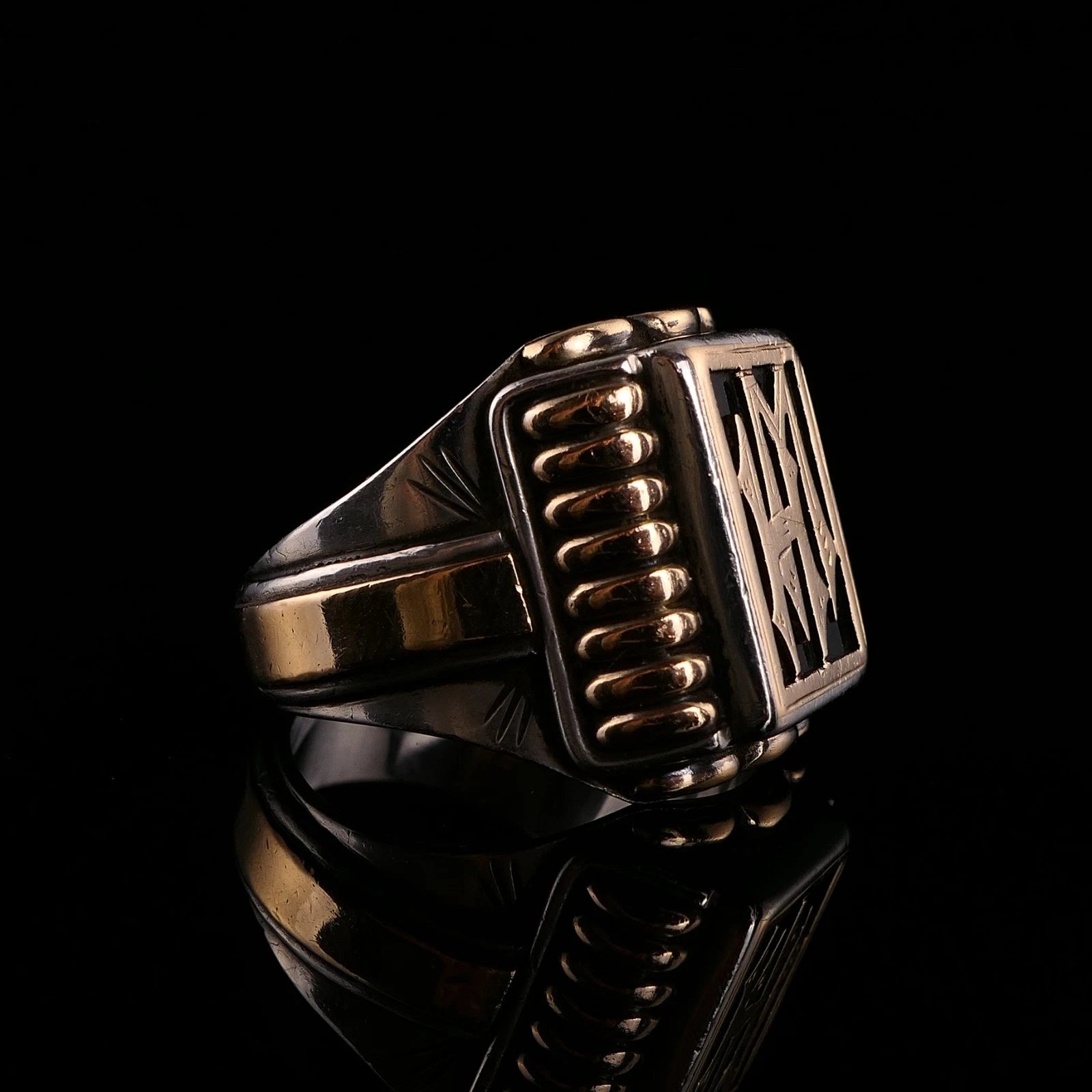 Antiker Monogrammring Siegelring Initialen HM / WH Silberring 900 Silber & 333 Gold RG 66 (21,0mm Ø) Vintage Alt