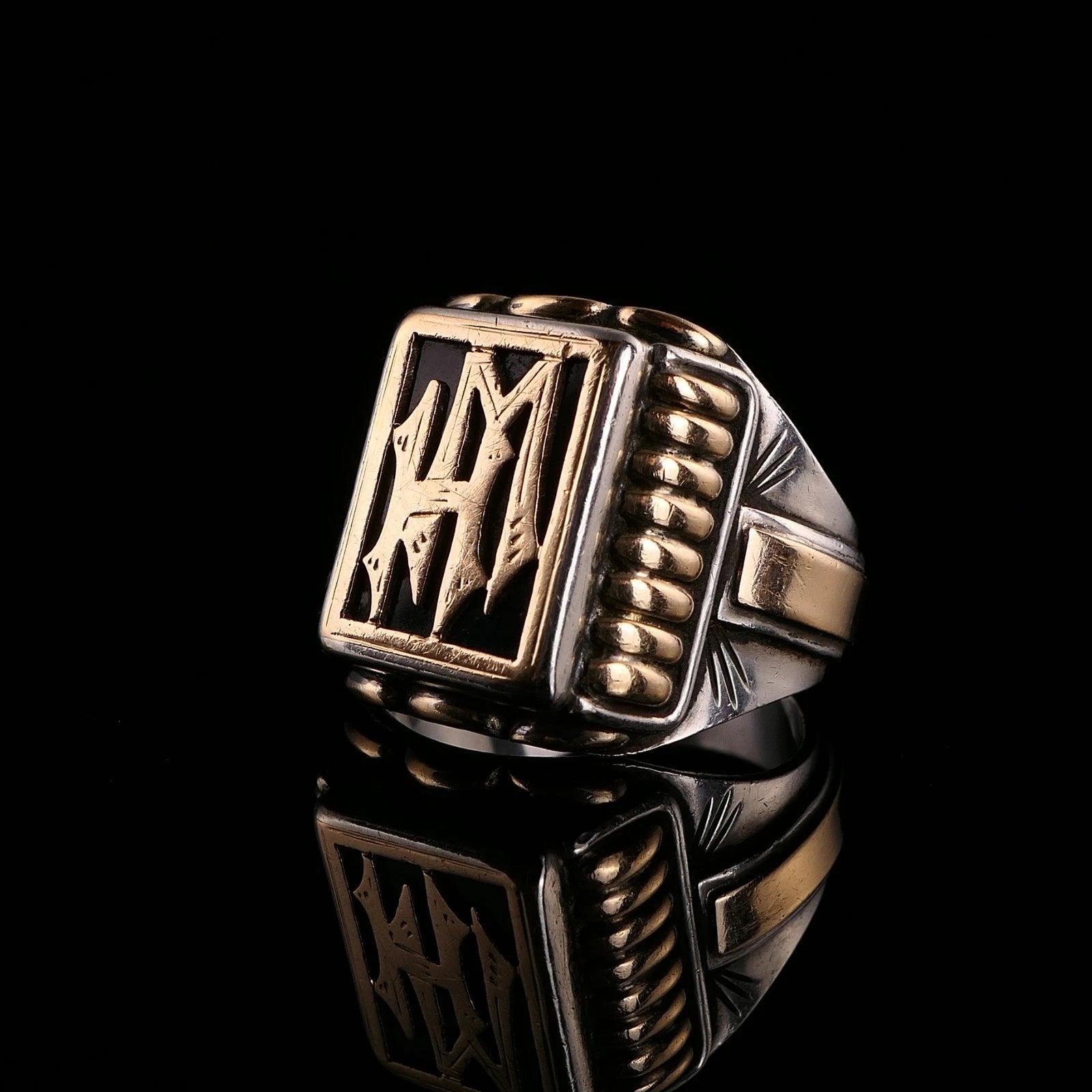 Antiker Monogrammring Siegelring Initialen HM / WH Silberring 900 Silber & 333 Gold RG 66 (21,0mm Ø) Vintage Alt