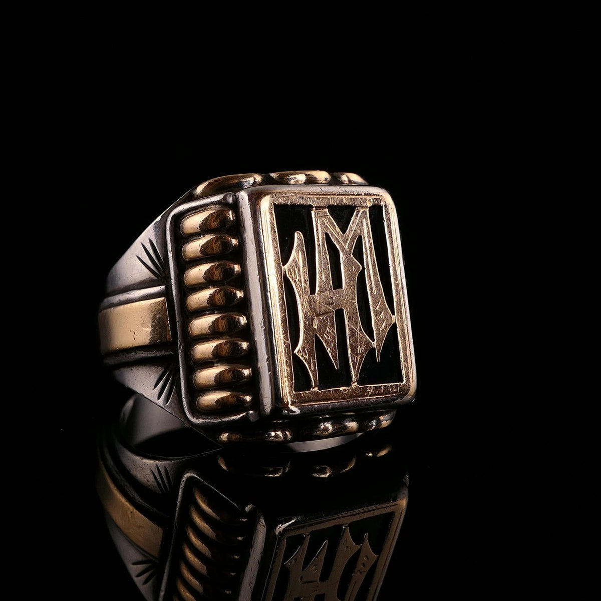 Antiker Monogrammring Siegelring Initialen HM / WH Silberring 900 Silber & 333 Gold RG 66 (21,0mm Ø) Vintage Alt