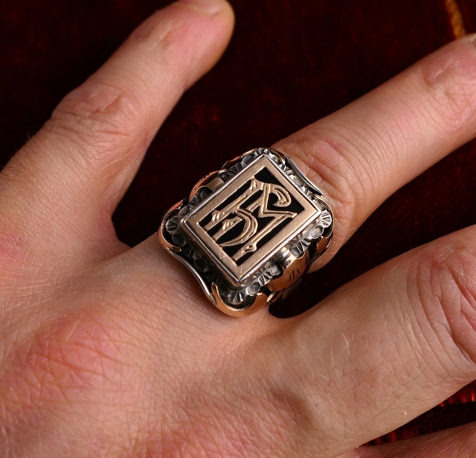 Antiker Monogrammring Siegelring Initialen WY / hM Silberring min. 800 Silber & 333 Gold RG 63 (20,0mm Ø) Vintage Alt