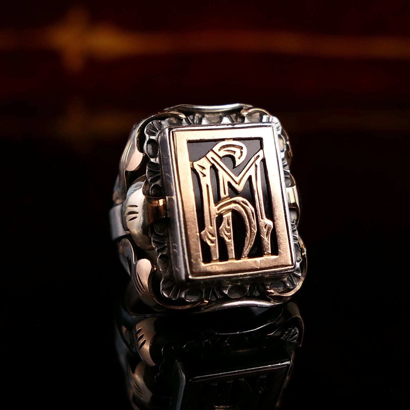 Antiker Monogrammring Siegelring Initialen WY / hM Silberring min. 800 Silber & 333 Gold RG 63 (20,0mm Ø) Vintage Alt