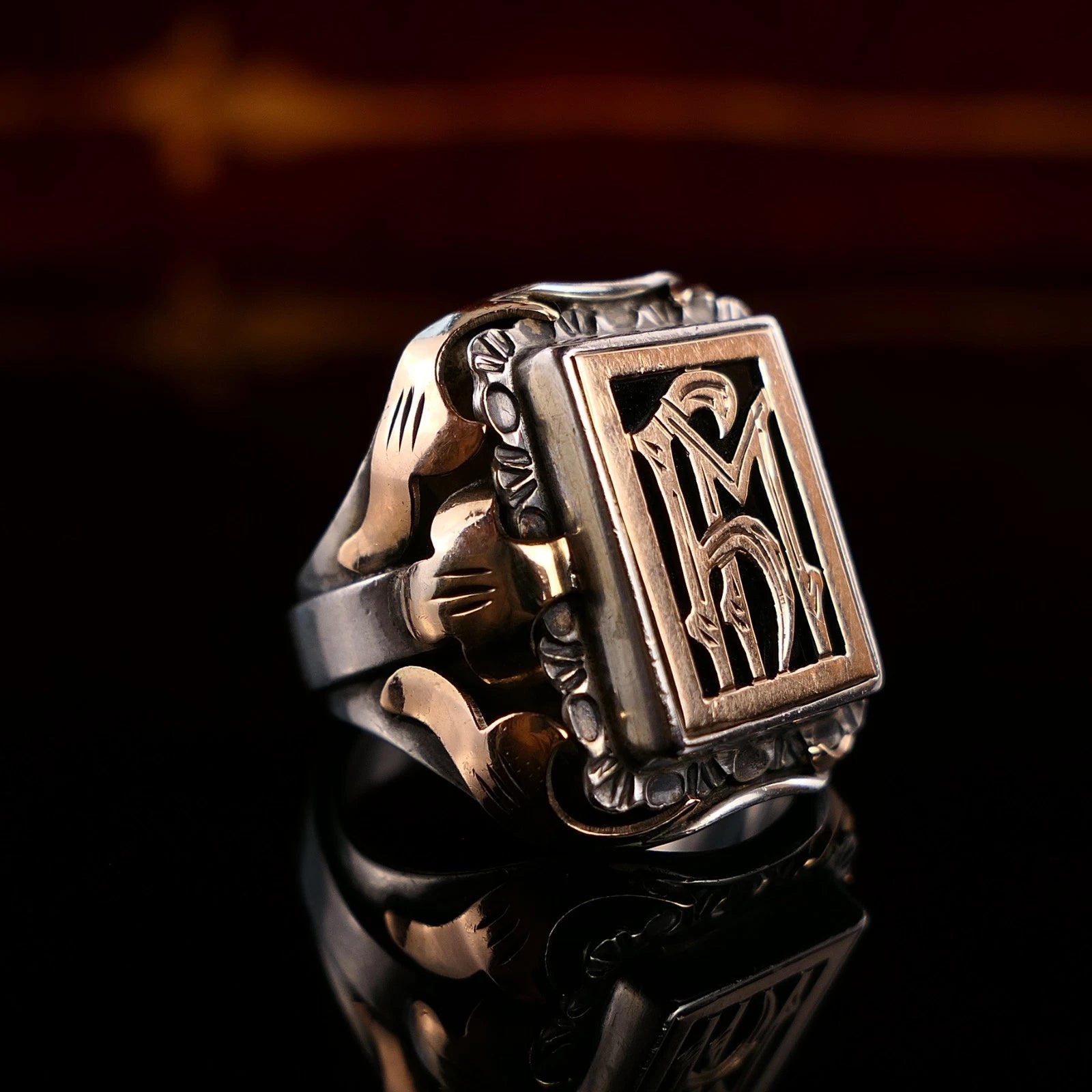 Antiker Monogrammring Siegelring Initialen WY / hM Silberring min. 800 Silber & 333 Gold RG 63 (20,0mm Ø) Vintage Alt